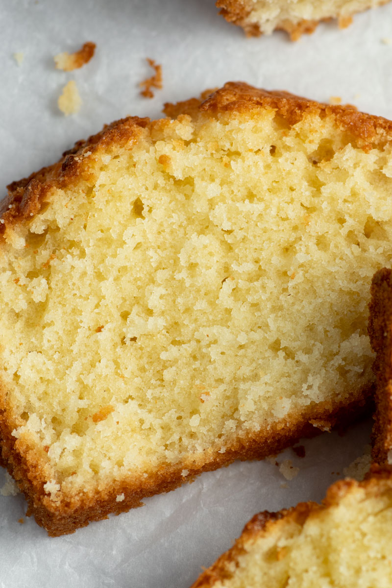 Zoom in on a slice of cut pound cake.
