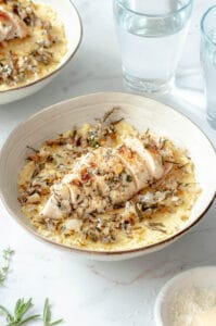 Roasted cauliflower puree and chicken with thyme.