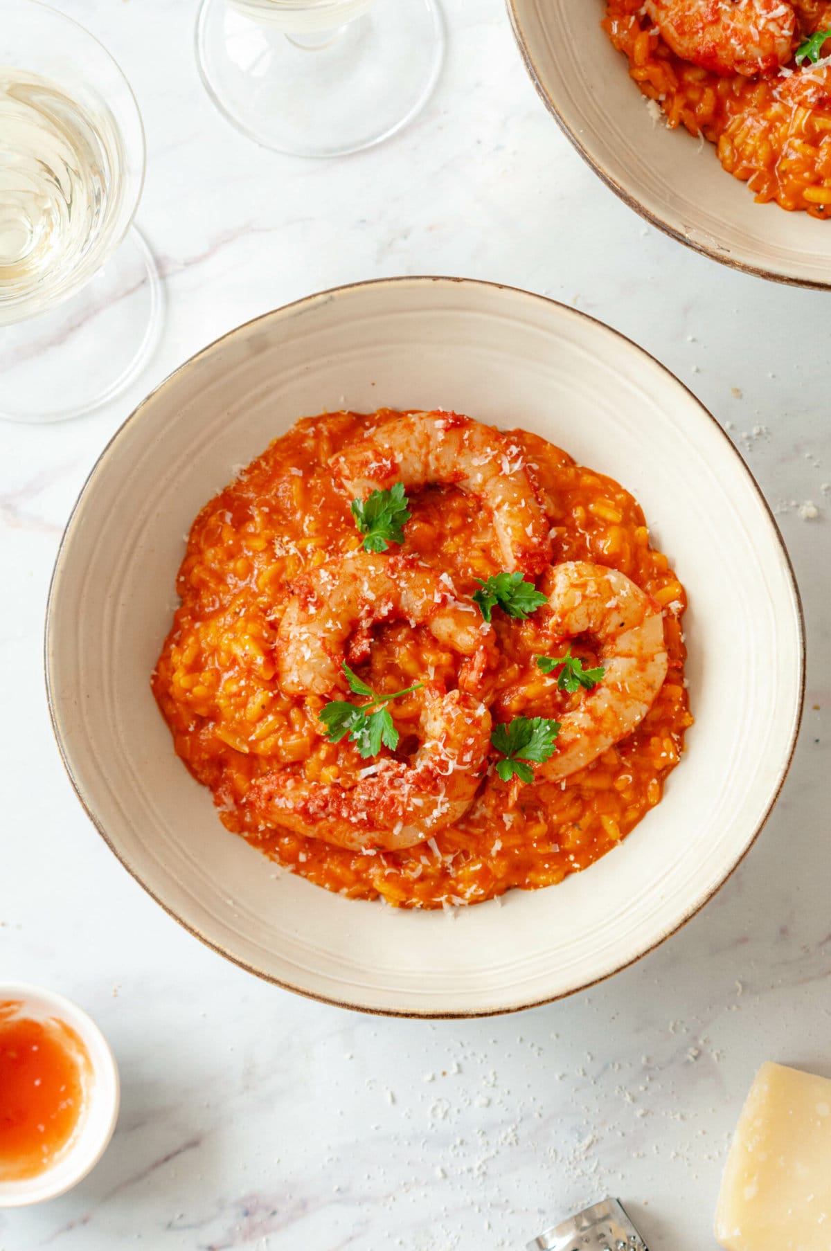 Tomato risotto with spicy shrimps