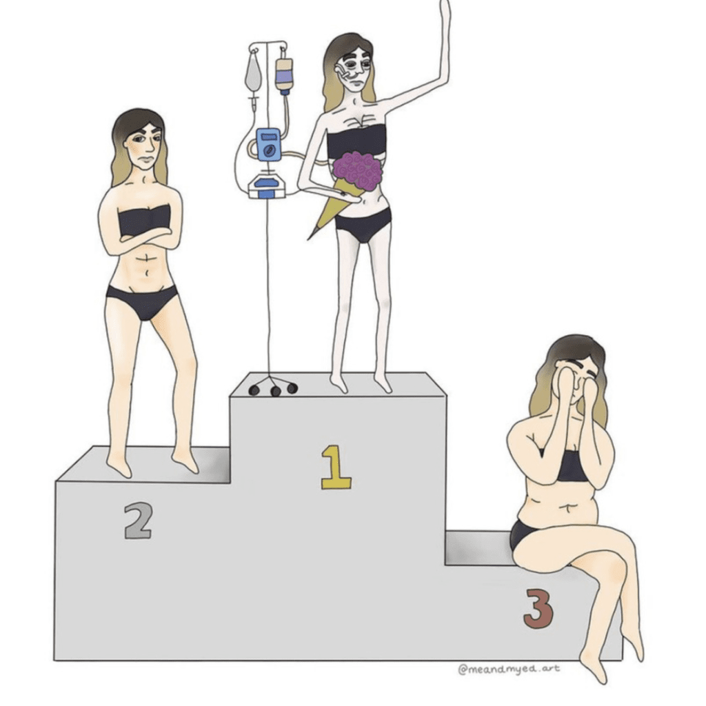 Dessin de trois filles sur un podium, représentant l'anorexie.