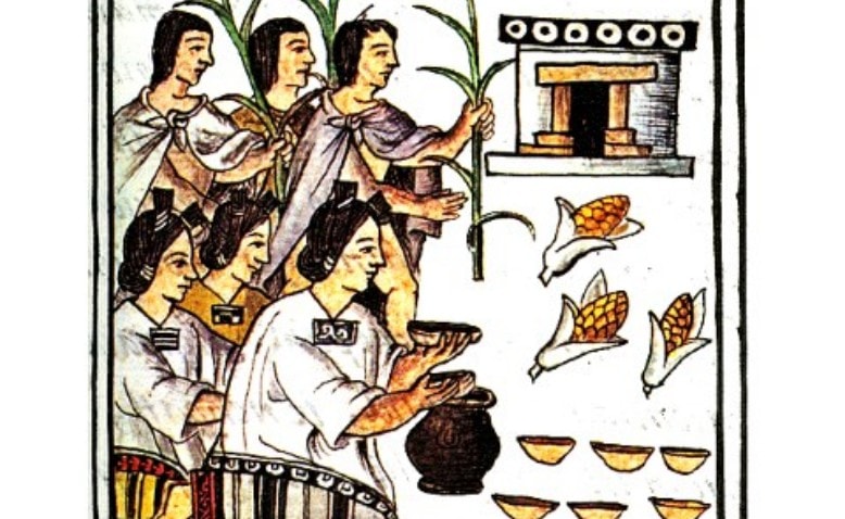 Peinture d'Aztèques et de maïs.