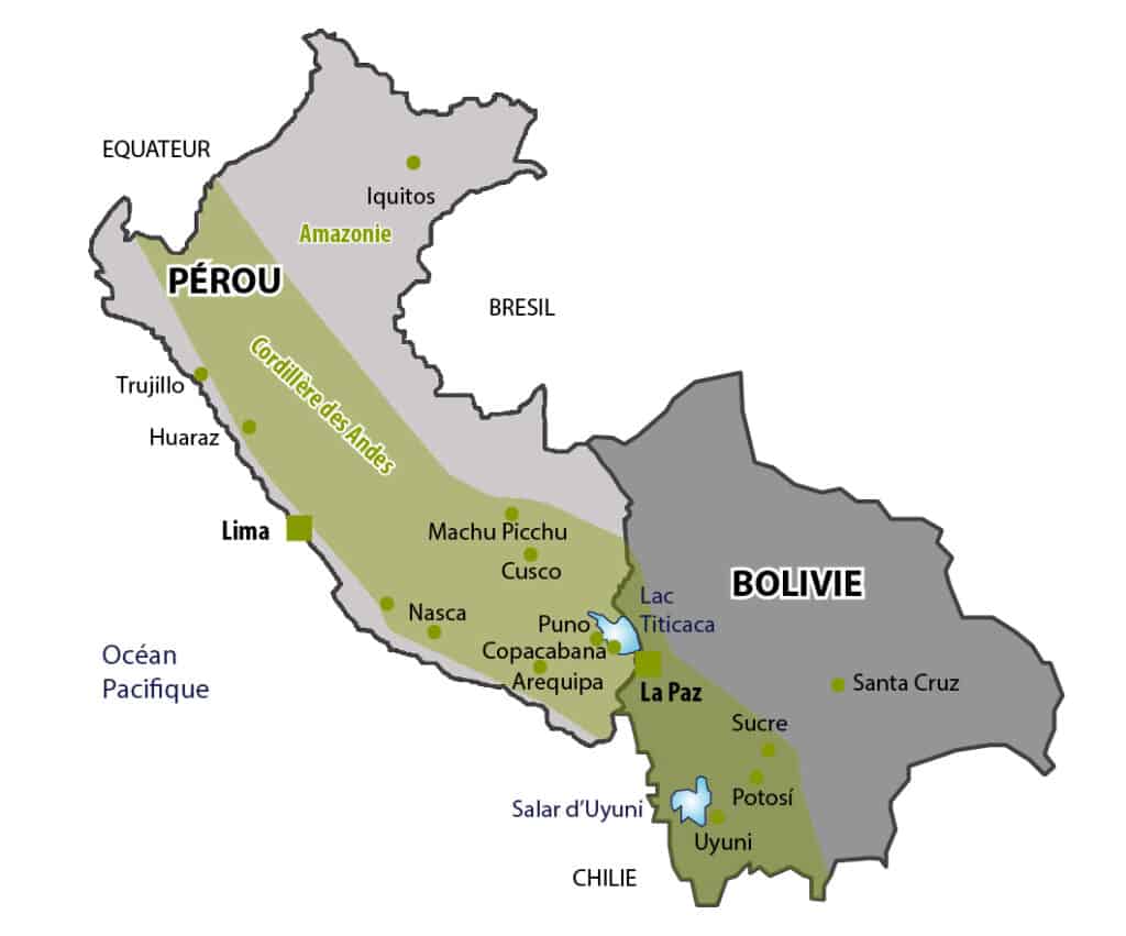 Carte géographique montrant la Bolivie et le Pérou.