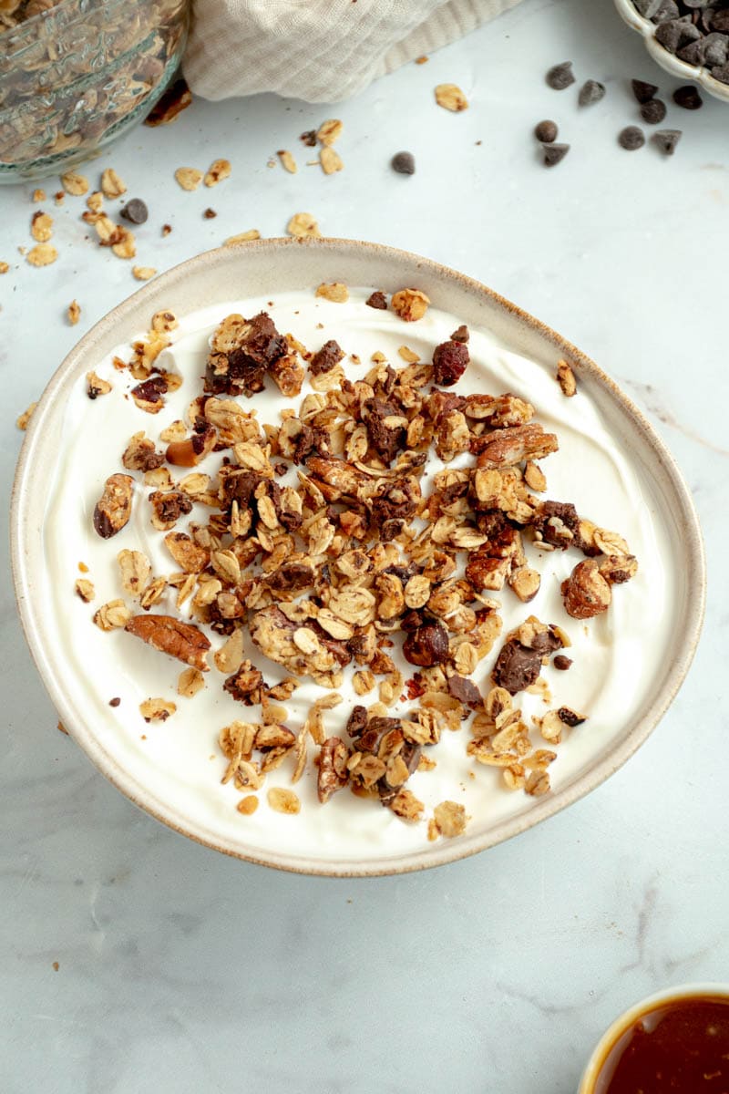 Granola in a bowl of fromage blanc with chocolate chips.