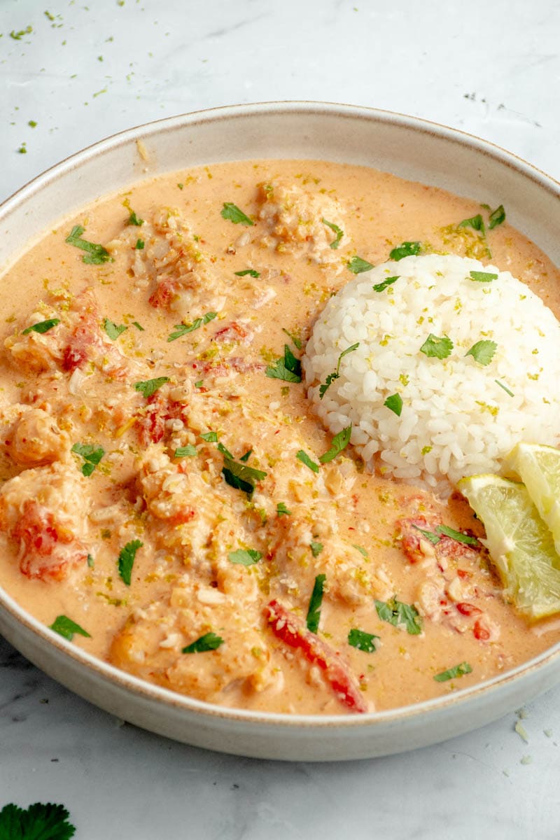 Fish curry with rice in a round shape on a plate.