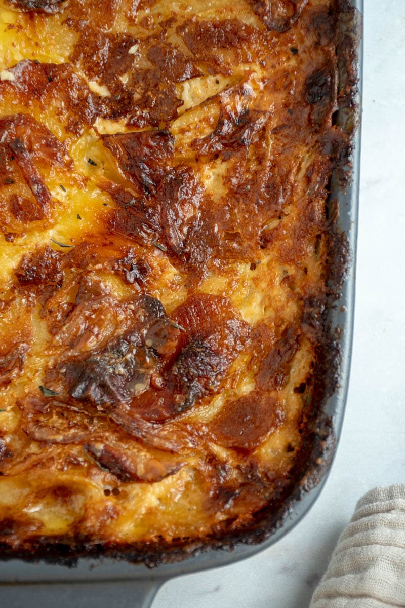 Creamy gratin dauphinois in its own dish.