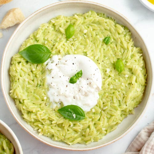 Orzo à la crème de courgette dans une assiette avec une burrata et du basilic.