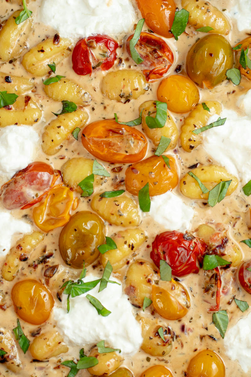 Gnocchi cherry tomatoes, burrata & basil in a frying pan.