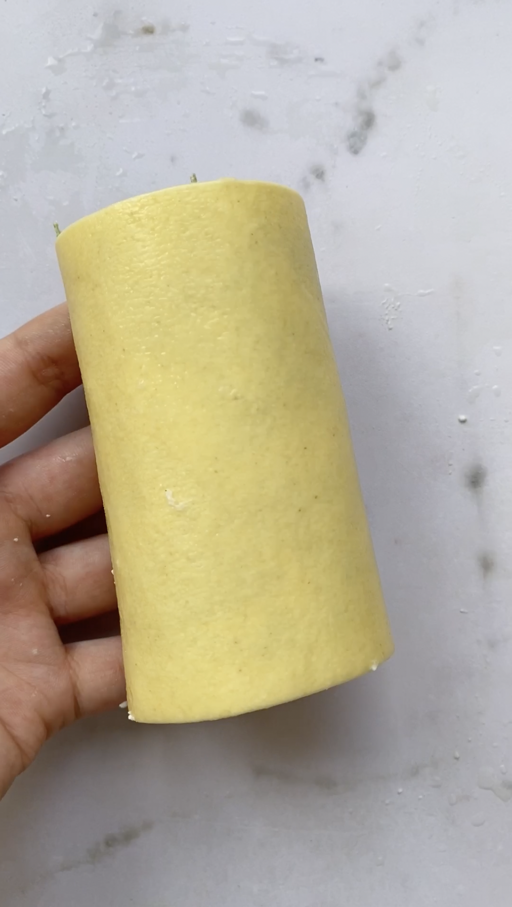 Un rolls de lasagne prêt, tenu par une main.