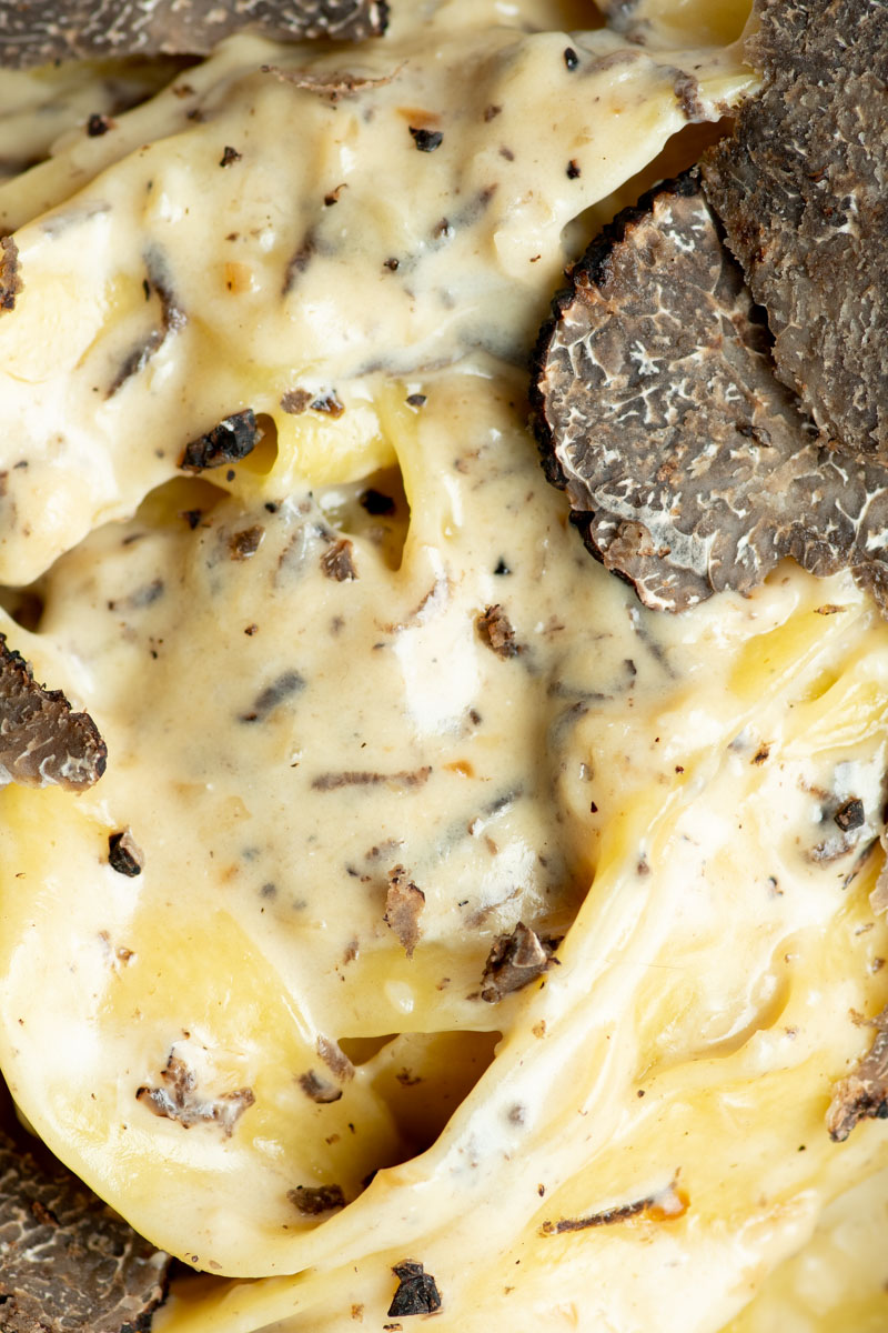 Creamy truffle pasta with truffle slices.