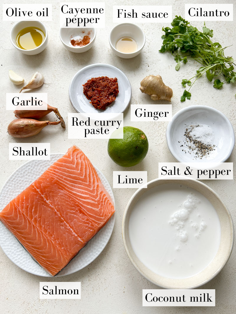 Ingredients of the Thai salmon curry in white and beige bowls.