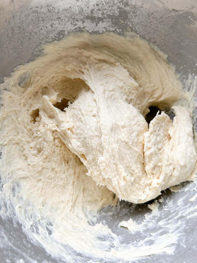 Dough mixed, in the stand mixer's bowl.