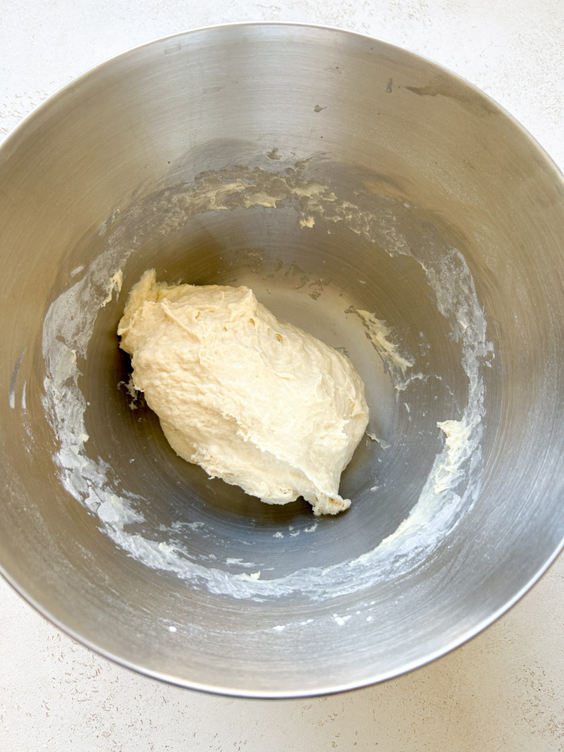 The Khachapuri's dough in the stand mixer's bowl, before its rise.