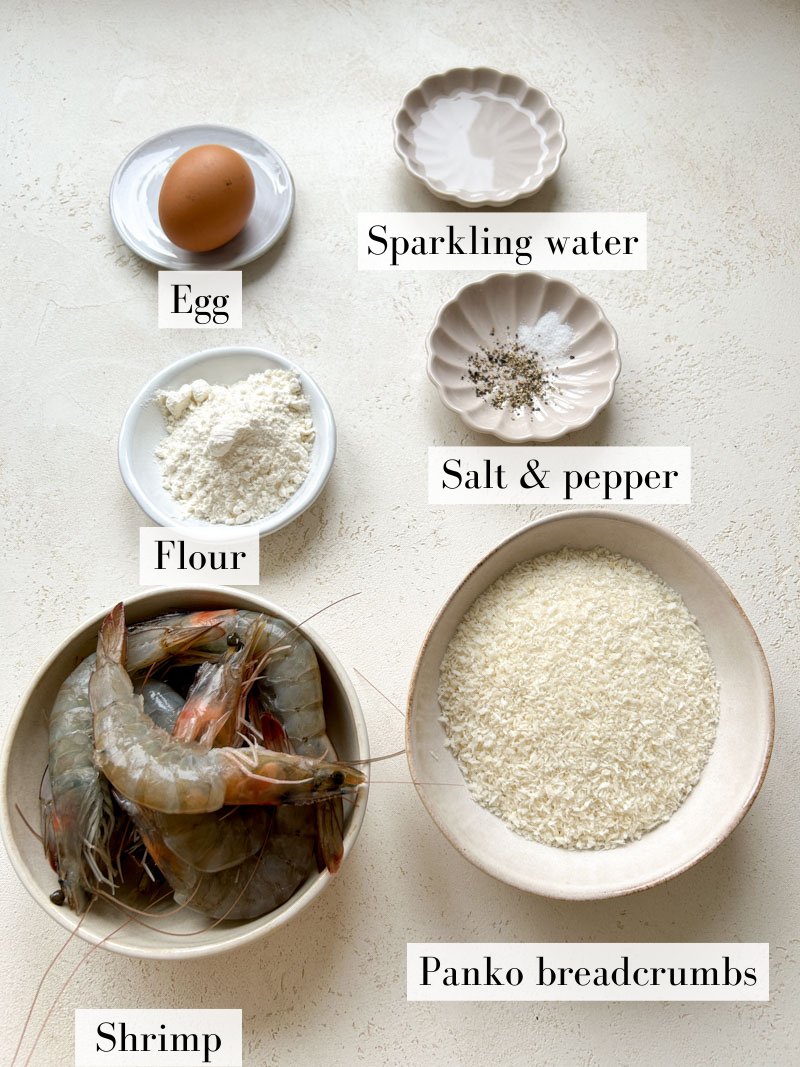 Ebi Fry's ingredients in white and beige bowls.