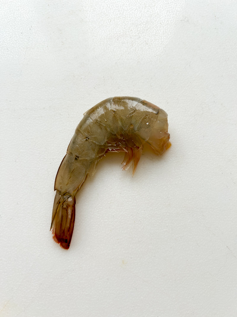 Shrimp without their head on a white cutting board.