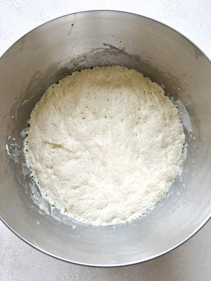 Boule de pâte dans le grand bol en inox, après la levée.
